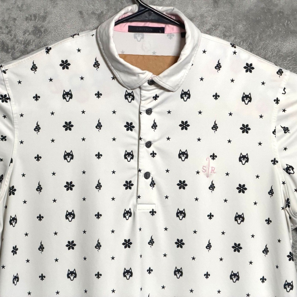 Greyson Polo Shirt Mens Large White Wolf Star Snake Fleur-de-lis Print Golf